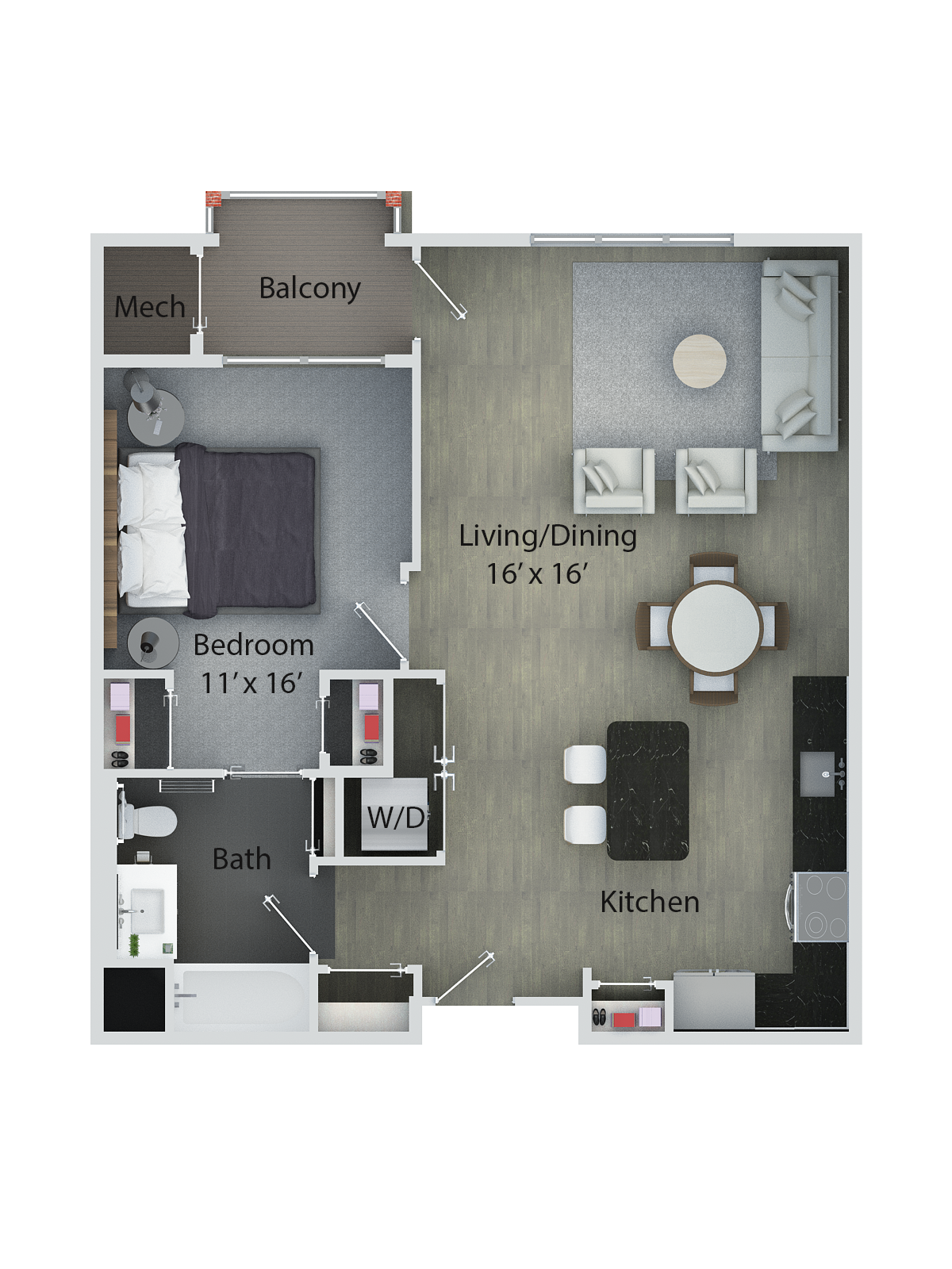 Floor plan for 1 bed, 1 bath, 765 sqft